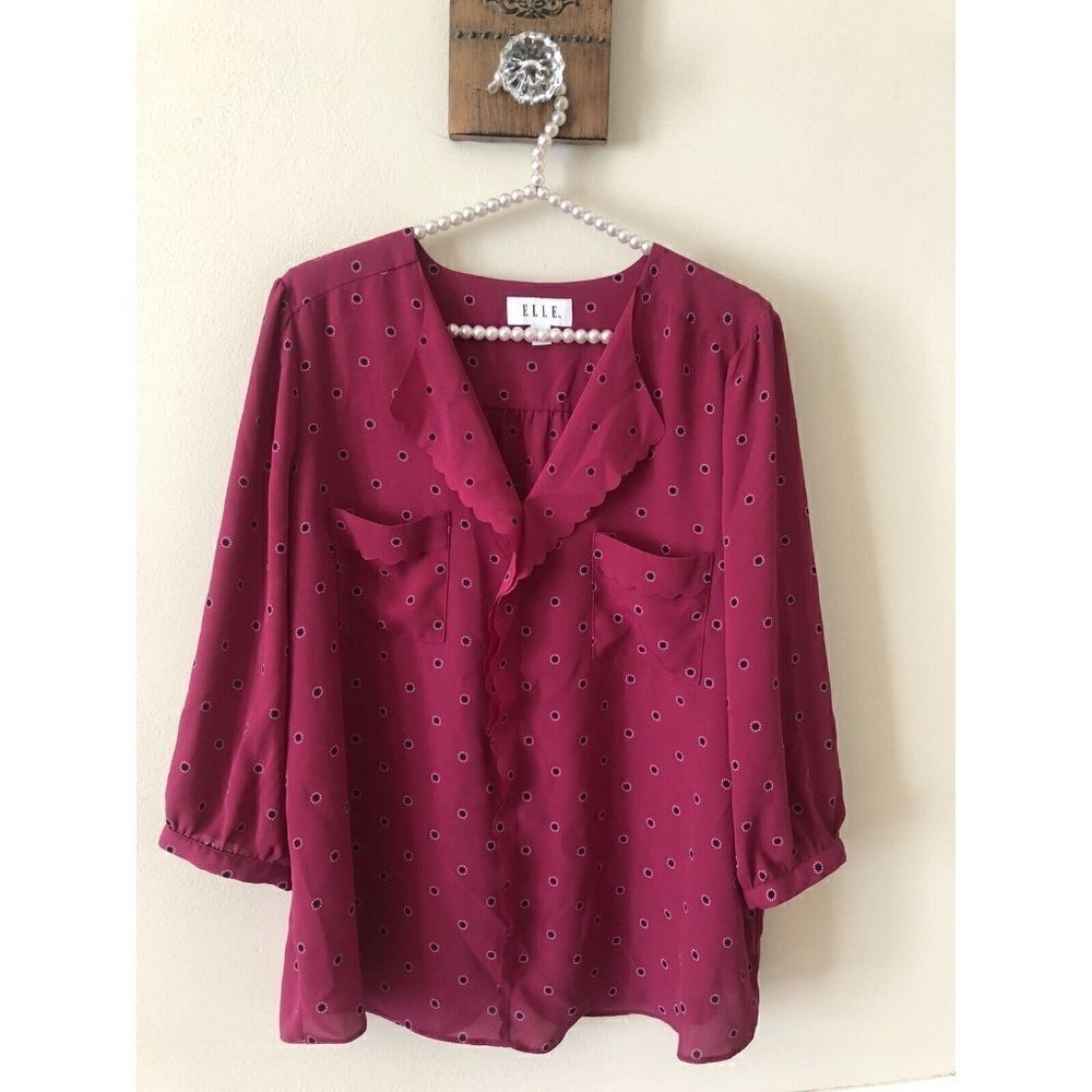 Elle Womens Size XL Dark Pink Blouse Daisy Dot Ruffle Front 3/4 Sleeve